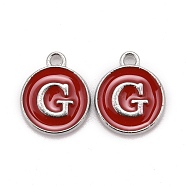 Platinum Plated Alloy Enamel Charms, Cadmium Free & Lead Free, Enamelled Sequins, Flat Round with Letter, Red, Letter.G, 14x12x2mm, Hole: 1.5mm(ENAM-S118-03G-P)