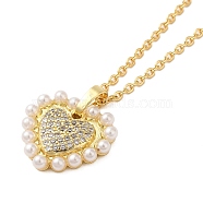 Brass Micro Pave Clear Cubic Zirconia Heart Pendant Necklaces for Women, with ABS Imitation Pearl, Real 18K Gold Plated, 17.32 inch(44cm)(NJEW-K381-05G)