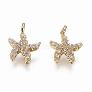 Brass Micro Pave Cubic Zirconia Charms, Starfish/Sea Stars, Clear, Golden, 10.5x8x2mm, Hole: 1mm(ZIRC-F103-21A-G)