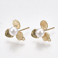 Brass Stud Earring Findings, with Loop, ABS Plastic Imitation Pearl, Flower, Real 18K Gold Plated, 11x11.5mm, Hole: 1mm, Pin: 0.7mm(X-KK-S348-232)