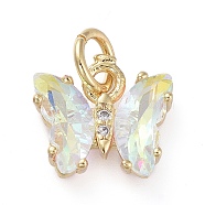 Brass Micro Pave Clear Cubic Zirconia Pendant, with Glass, Butterfly, Golden, Clear AB, 12.5mm(ZIRC-P079-B01-15)