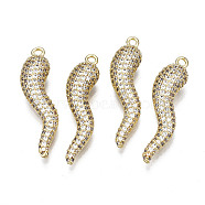 Brass Micro Pave Clear Cubic Zirconia Pendants, Nickel Free, Hot Horn of Plenty/Italian Horn Cornicello Charms, Real 18K Gold Plated, 31.5x8.5x7.5mm, Hole: 1.6mm(ZIRC-S068-054-NF)