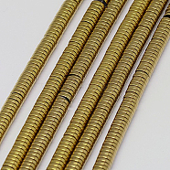 Electroplate Non-magnetic Synthetic Hematite Beads Strands, Heishi Beads, Flat Round/Disc, Grade AAAA, Golden Plated, 4x1mm, Hole: 1mm, about 350~357pcpcs/strand, 15.5 inch(G-J164A-4mm-07)