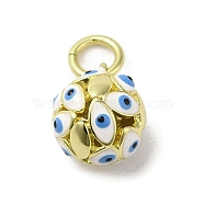Brass Enamel Charms, with Jump Ring, Real 18K Gold Plated, Round with Evil Eye Charm, White, 12.5x10mm, Hole: 3.6mm(KK-E092-12G-06)
