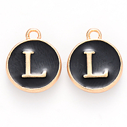 Golden Plated Alloy Charms, Cadmium Free & Lead Free, with Enamel, Enamelled Sequins, Flat Round with Letter, Black, Letter.L, 14x12x2mm, Hole: 1.5mm(ENAM-S118-02L)