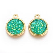 Resin Pendants, with Golden Tone Alloy Findings, Flat Round, Spring Green, 18x15x3.5~4mm, Hole: 1.8mm(X-RESI-F015-A13)