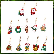 Christmas Theme DIY Diamond Painting Keychain Kit, Including Acrylic Board, Keychain Clasp, Bead Chain, Resin Rhinestones Bag, Diamond Sticky Pen, Tray Plate and Glue Clay, Mixed Shapes, 100x30mm, 12pcs/set(DRAW-PW0007-07F)