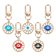5Pcs 5 Style Flat Round with Evil Eye Alloy Enamel Pendant Decorations, with Light Gold Tone Iron Swivel Clasp, Mixed Color, 62mm, 1pc/style(KEYC-AR0001-19)