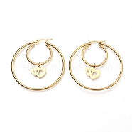 304 Stainless Steel Hoop Earrings, Textured, Ring Shape with Double Heart, Golden, 53x50x2mm, Pin: 0.7mm(EJEW-C501-03G)