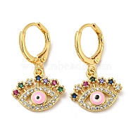 Evil Eye Real 18K Gold Plated Brass Dangle Leverback Earrings, with Enamel and Cubic Zirconia, Pearl Pink, 25.5x15mm(EJEW-A033-06G-02)