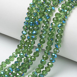 Electroplate Glass Beads Strands, Half Plated, Blue Plated, Faceted, Rondelle, Green, 4x3mm, Hole: 0.4mm, about 123~127pcs/strand, 16.5~16.9 inch(42~43cm)(EGLA-A034-T4mm-I02)