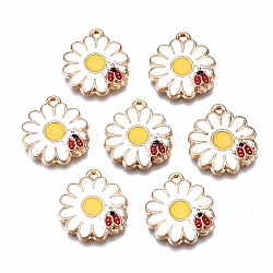 Eco-Friendly Alloy Enamel Pendants, Cadmium Free & Lead Free & Nickel Free, Light Gold, Flower with Beetle, White, 18.5x17x3mm, Hole: 1.5mm(ENAM-YW0003-54)