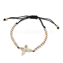 Adjustable Nylon Thread Braided Bead Bracelets, with Round Brass Beads and Brass Micro Pave Cubic Zirconia Links, Butterfly, Multi-color, 1/8 inch(0.4cm), Inner Diameter: 1-1/2~2-7/8 inch(3.7~7.2cm)(BJEW-JB05635-01)