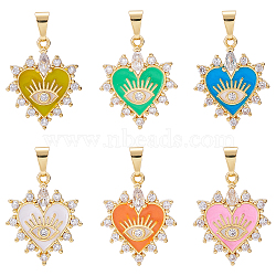 Nbeads 6Pcs 6 Colors Brass Clear Cubic Zirconia Pendants, with Enamel, Long-Lasting Plated, Real 18K Gold Plated, Heart and Eye, Mixed Color, 23x19x3mm, Hole: 2.5x6mm, 1pc/color(ZIRC-NB0001-68)