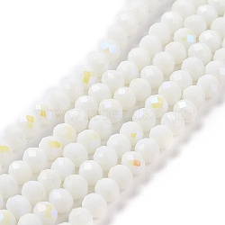 Electroplate Opaque Solid Color Glass Beads Strands, Half Rainbow Plated, Faceted, Rondelle, White, 6x5mm, Hole: 1mm, about 85~88pcs/strand, 16.1~16.5 inch(41~42cm)(EGLA-A034-P6mm-L17)