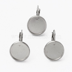 Tarnish Resistant 304 Stainless Steel Leverback Earring Findings, with Flat Round Setting for Cabochon, Stainless Steel Color, 20.5~22.5x13.5mm, Pin: 0.7mm, Tray: 12mm(STAS-L253-005C-P)