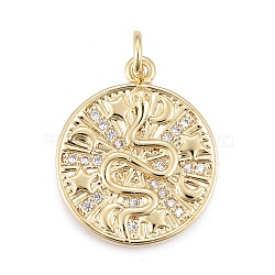 Brass Micro Pave Cubic Zirconia Pendants, with Jump Ring, Flat Round with Snake, Golden, Clear, 20x18x2mm, Hole: 3.5mm, Jump Ring: 5x0.9mm(X-KK-O126-02G-01)