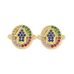 Real 18K Gold Plated Brass Micro Pave Colorful Cubic Zirconia Connector Charms, Religion Oval Links, Hamsa Hand, 13.5x16x2mm, Hole: 1.1mm(KK-L209-057G-01)