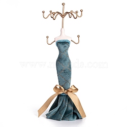 Princess Jewelry Stand, Flannelette & Ribbon Dress Resin Human Model Bracket, Metal Earrings Rack Double-Deck Receptacle, Cadet Blue, 9.2x9.2x26cm(ODIS-A010-12)