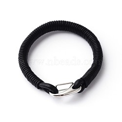 304 Stainless Steel Leather Cord Bracelets, with Key Clasps, Black, 210x10mm(BJEW-N269-25)