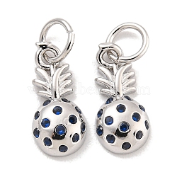 Brass Micro Pave Marine Blue Cubic Zirconia Charms, with Jump Rings, Long-Lasting Plated, Lead Free & Cadmium Free, Pineapple, Platinum, 12.5x6x2.5mm, Hole: 3mm(KK-Q814-06P)