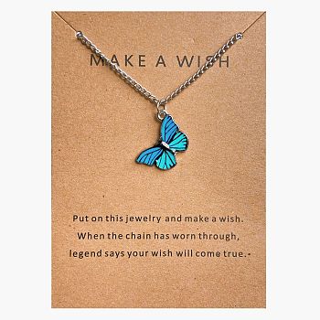 Bohemian Alloy Enamel Butterfly Pendant Necklaces for Women, Platinum, Deep Sky Blue, 19.53 inch(49.6cm)