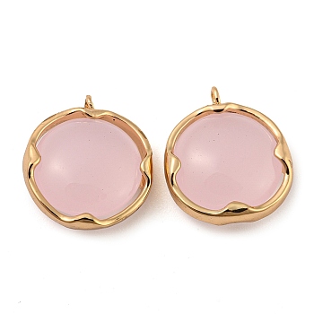 Brass with Pink Glass Pendants, Flat Round Charms, Long-Lasting Plated, Golden, 13.5x12x5mm, Hole: 5mm