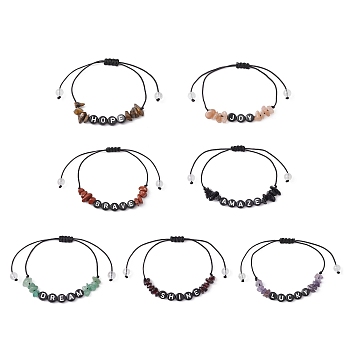 Natural Gemstone Chip Braided Bead Bracelets, Acrylic Word Bead Adjustable Bracelets for Women, Inner Diameter: 5/8~3-1/4 inch(1.7~8.2cm), 7pcs/set