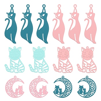 36Pcs 3 Style 430 Stainless Steel Kitten Pendants, Spray Painted, Etched Metal Embellishments, Mixed Shapes, Mixed Color, 22~39x12~22x0.4~0.5mm, Hole: 1~1.6mm, 12pcs/style