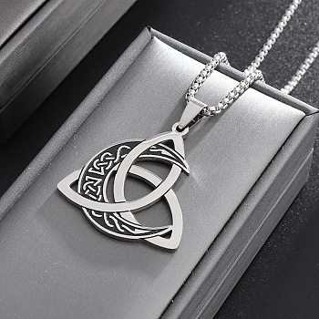 Viking Triskelion Knot Moon Stainless Steel Pendant Necklaces for Men, Stainless Steel Color, 23.62 inch(60cm)