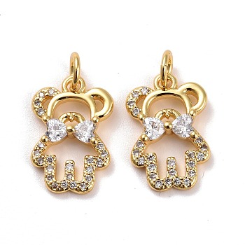 Brass Micro Pave Cubic Zirconia Pendants, Real 18K Gold Plated, Lead Free & Cadmium Free, Bear with Tie, Clear, 16x10.5x3mm, Hole: 3mm
