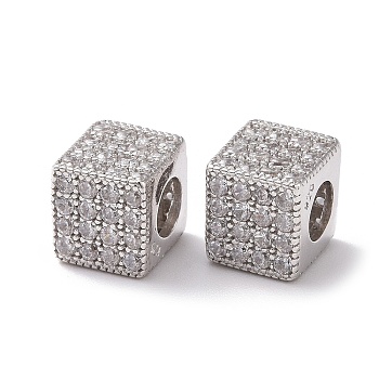 925 Sterling Silver Beads, with Cubic Zirconia, Real Platinum Plated, Cube, Clear, 7x7.5x7.5mm, Hole: 3.8mm