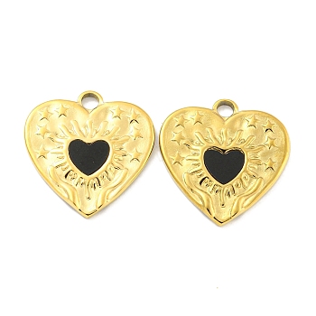 PVD Vacuum Plating 304 Stainless Steel Pendants, Natural Black Onyx(Dyed & Heated) Heart Charms, Real 18K Gold Plated, 17.5x17x2mm, Hole: 2.2mm