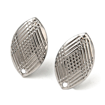 304 Stainless Steel Stud Earring Findings, Textured Leaf, Stainless Steel Color, 14.7x9mm, Hole: 1mm, Pin: 0.8mm