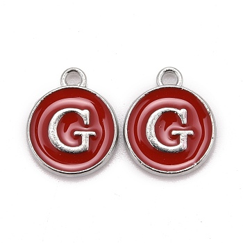 Platinum Plated Alloy Enamel Charms, Cadmium Free & Lead Free, Enamelled Sequins, Flat Round with Letter, Red, Letter.G, 14x12x2mm, Hole: 1.5mm