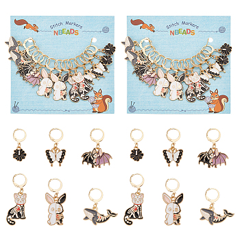 Alloy Enamel with Rhinestone Pendant Stitch Markers, Crochet Leverback Hoop Charms, Locking Stitch Marker with Wine Glass Charm Ring, Cat/Rabbit/Bat, Mixed Color, 3~4.5cm, 6 style, 2pcs/style, 12pcs/set