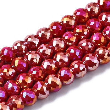 Electroplate Glass Beads Strands, AB Color Plated, Faceted, Round, FireBrick, 8x6mm, Hole: 1.2mm, about 80pcs/strand, 18.66~19.76 inch(47.4cm~50.2cm)