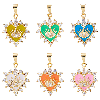 Nbeads 6Pcs 6 Colors Brass Clear Cubic Zirconia Pendants, with Enamel, Long-Lasting Plated, Real 18K Gold Plated, Heart and Eye, Mixed Color, 23x19x3mm, Hole: 2.5x6mm, 1pc/color