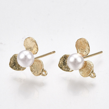 Brass Stud Earring Findings, with Loop, ABS Plastic Imitation Pearl, Flower, Real 18K Gold Plated, 11x11.5mm, Hole: 1mm, Pin: 0.7mm