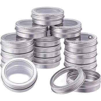 Round Aluminium Tin Cans, Aluminium Jar, Storage Containers for Jewelry Beads, Candies, with Screw Top Lid and Clear Window, Platinum, 7.05x2.5cm, Capacity: 60ml, 14pcs/box