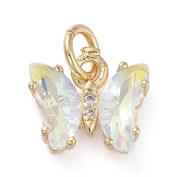 Brass Micro Pave Clear Cubic Zirconia Pendant, with Glass, Butterfly, Golden, Clear AB, 12.5mm