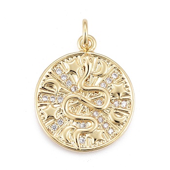 Brass Micro Pave Cubic Zirconia Pendants, with Jump Ring, Flat Round with Snake, Golden, Clear, 20x18x2mm, Hole: 3.5mm, Jump Ring: 5x0.9mm