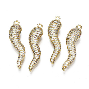 Brass Micro Pave Clear Cubic Zirconia Pendants, Nickel Free, Hot Horn of Plenty/Italian Horn Cornicello Charms, Real 18K Gold Plated, 31.5x8.5x7.5mm, Hole: 1.6mm