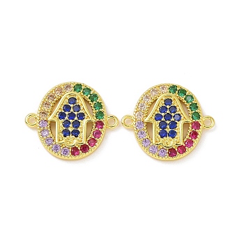 Real 18K Gold Plated Brass Micro Pave Colorful Cubic Zirconia Connector Charms, Religion Oval Links, Hamsa Hand, 13.5x16x2mm, Hole: 1.1mm