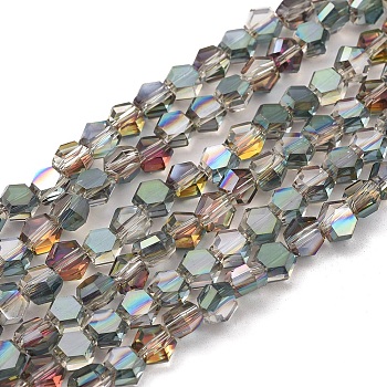 Electroplate Glass Beads Strands, Half Plated, Faceted, Hexagon, Green Plated, 6x7x4mm, Hole: 1.2mm, about 100pcs/strand, 20.87 inch(53cm)