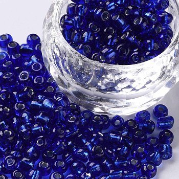 6/0 Glass Seed Beads, Silver Lined Round Hole, Round, Blue, 6/0, 4mm, Hole: 1.5mm, about 500pcs/50g, 50g/bag, 18bags/2pounds