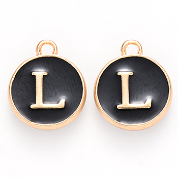 Golden Plated Alloy Charms, Cadmium Free & Lead Free, with Enamel, Enamelled Sequins, Flat Round with Letter, Black, Letter.L, 14x12x2mm, Hole: 1.5mm
