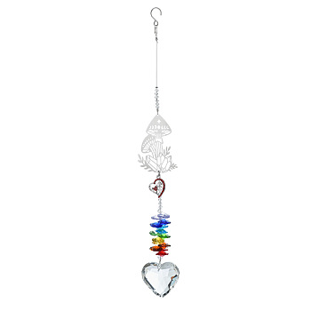 Christmas Glass Heart Pendant Decoration, Hanging Suncatchers, with Iron Findings and Glass Bead, for Window Home Garden Decoration, Mushroom, 360mm