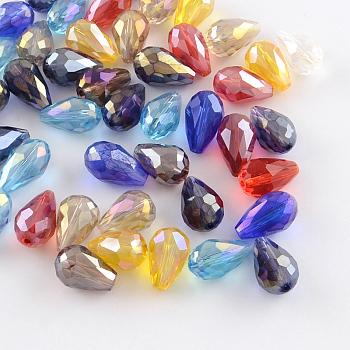 AB-Color Plated Teardrop Glass Beads, Faceted, Mixed Color, 7~8x6mm, Hole: 1mm