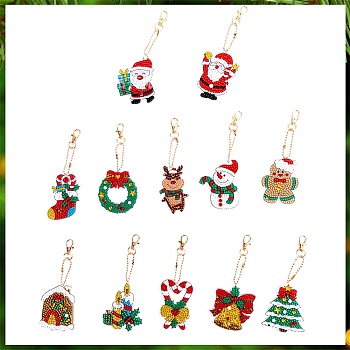Christmas Theme DIY Diamond Painting Keychain Kit, Including Acrylic Board, Keychain Clasp, Bead Chain, Resin Rhinestones Bag, Diamond Sticky Pen, Tray Plate and Glue Clay, Mixed Shapes, 100x30mm, 12pcs/set